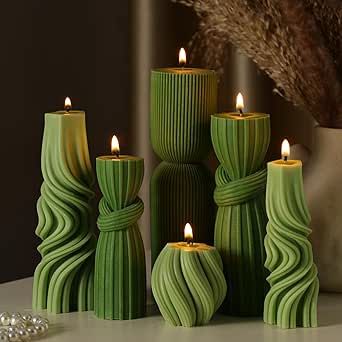 Threlaco 6 Pcs Small Pillar Candles Aesthetic Candle Modern Ribbed Candles Set Cute Soy Wax Scented Ribbed Candle Twirl Geometric Decorative Candles for Home Decor for Living Room Bathroom(Green) Ribbed Candles, Pillar Candle Decor, Bathroom Green, Candle Modern, Aesthetic Candle, Candles Aesthetic, Styled Desktop, Decorative Candles, Aesthetic Candles