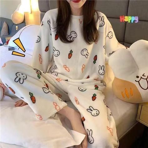 Pajamas Korean, Korean Kawaii, Winter Flannel, Bunny Carrot, Warm Pajamas, Women Sleepwear, Kawaii Bunny, Winter Pajamas, Kawaii Cartoon