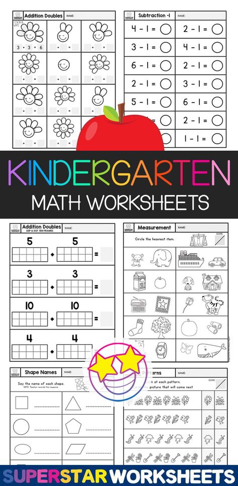 Free kindergarten math worksheets from SuperStarWorksheets! Free printable worksheets for learning addition, subtraction, counting, measuring, ten frames, number recognitions, number sense, patterns, money, shapes and more! Elementary Math Worksheets Free Printable, Kindergarten Geometry Worksheets, Addition Worksheets For Kindergarten Free Printables, Kindergarten Math Worksheets Subtraction, Math Printables Free Kindergarten, Free Printable Math Worksheets 1st Grade, Kindergarten Math Free Printables, Free Math Worksheets Kindergarten, Free Addition Worksheets Kindergarten