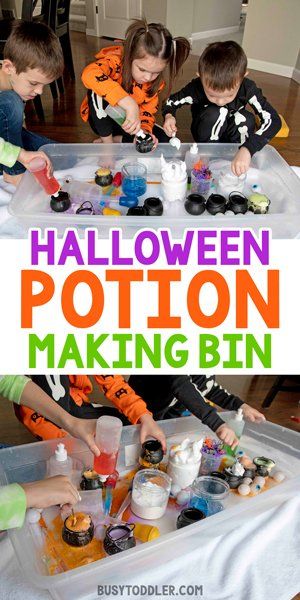 Halloween Science Center Preschool, Mixing Potions Preschool, Prek Halloween Science, Halloween Potion Activity, Halloween Toddler Activity, Halloween Playgroup Ideas, Sensory Activities Halloween, Kindergarten Halloween Science, Witches Potion Sensory Play