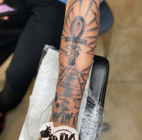 African Tattoo Half Sleeve, Ankh Half Sleeve Tattoo, Ankh Sleeve Tattoo, Ankh Shoulder Tattoo, Beast Within Tattoo, African Tattoo Ideas For Men Forearm, Ahnk Tattoo Men, Ankh Tattoo Forearm, Tattoo Ideas Black Male