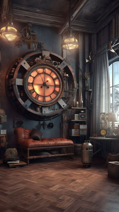 Steampunk: Retro-Futuristic Aesthetics for Your Home Industrial Steampunk Interior Design, Redecorate On A Budget, Interior Design Victorian, Creative Accent Wall Ideas, Steampunk Interior Design, Affordable Room Decor, Creative Accent Wall, Steampunk Rooms, Steampunk Interior