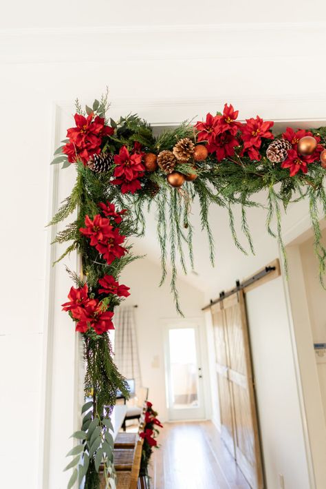 The Ultimate Garland Hanging Hack: Try This Curtain Rod Trick! Christmas Garland Curtain Rod, Hanging Garland With Shower Rod, Garland Curtain Rod Hack, Christmas Garland On A Tension Rod, Tension Rod Garland Christmas, Christmas Garland Archway Ideas, Curtain Rod Christmas Decor, Christmas Tension Rod Garland, Garland On Curtain Rod