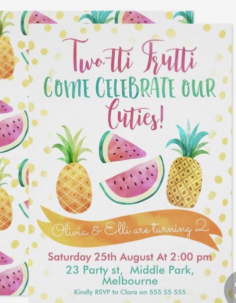 Twin Birthday Themes, Fruit Birthday Party, Twin Birthday Parties, Fruit Birthday, Twins Birthday, Twins 1st Birthdays, Twin First Birthday, Colorful Invitations, 2nd Birthday Invitations