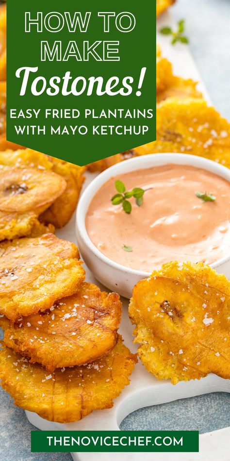 Portugese Recipe, Puerto Rican Tostones, Spanish Dinners, Stuffed Plantains, Ketchup Dip, Tostones Recipe, Fried Plantain Recipe, Puerto Rican Style, Belize Food