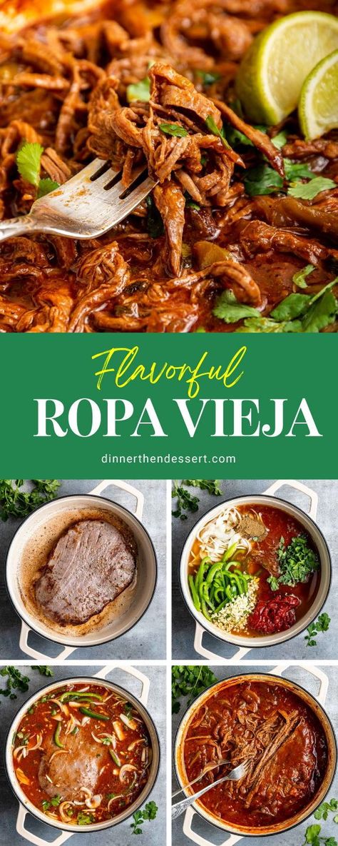 Ropa Vieja is a traditional Cuban dish with the juiciest beef packed full of flavor from garlic, tomato sauce, cumin, bell pepper, and more! Ropa Vieja is a staple in Cuban cuisine. Essen, Tops Vieja Recipe, Healthy Traditional Meals, Instant Pot Ropa Vieja, Ropa Vieja Recipe Cuban, Latino Dinner Ideas, Cuban Steak Recipes, Mexican Dishes For Dinner, Authentic Latin Recipes