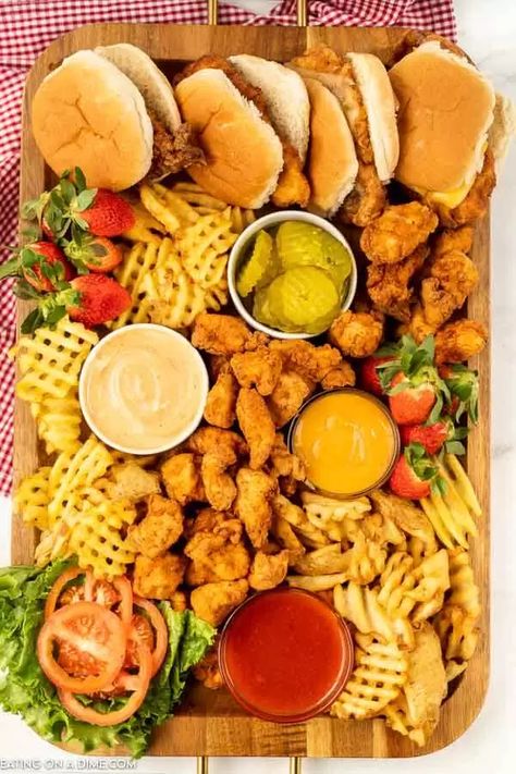 Chick Fil A Charcuterie Board - Eating on a Dime Chick Fil A Board, Fries And Chicken, Charcuterie Party, Eating On A Dime, Brunch Spread, A Charcuterie Board, Chicken Sandwiches, Charcuterie Inspiration, Sleepover Food