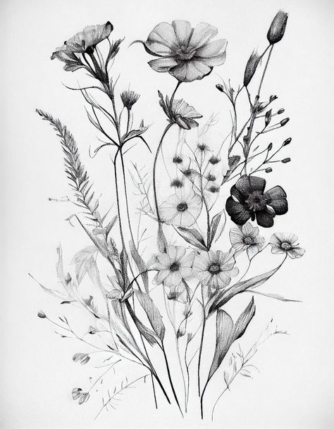 Flower Figure Drawing, Abstract Floral Drawing, Wildflower Side Tattoo, Wildflower Sleeve Tattoo Black And White, Illustrative Flower Tattoo, Flower Garden Tattoo, Wild Flowers Tattoo, Nature Tattoo Designs, Wildrose Tattoo