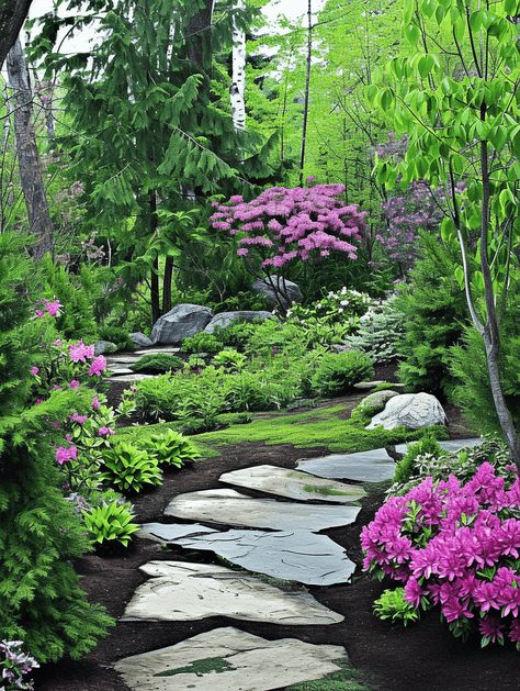 Garden Hardscape Ideas, Garden Around Deck, Deck Garden Ideas, Forest Garden Ideas, Sideyard Ideas, Adirondack Garden, Landscaping Steps, Wooded Backyard Landscape, Corner Landscaping