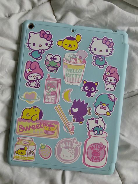 Blue ipad case covered in sanrio character stickers Kuromi Ipad Case, Sanrio Ipad Case, Kawaii Ipad Case, Ipad Case Decoration Ideas, Ipad With Stickers, Decorate Ipad Case, Hello Kitty Ipad Case, Ipad Case Stickers Ideas, Ipad Decorations Sticker