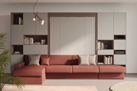 Murphy Bed Sofa Combo, Bed To Sofa, Double Murphy Bed, Murphy Bedroom, Murphy Bed Design, Living Room Bedroom Combo, Foldaway Bed, Murphy Bed With Sofa, Murphy Bed Sofa