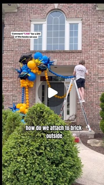 POP POP BALLOON on Instagram: "Here is a little “how to” for attaching balloon decorations to outdoor brick. . ✨comment “link” for a DM of the hooks and other products we use in our business ✨ . These chains balloons were super light so we didn’t need to worry about reinforcing anything. But if you are going to be adding a big balloon garland make sure to use gaff tape around your hook!  . Hope this helps with all your grad decorations!  . #poppopballoonfw #fortwayneballoons #chainballoons #linkballoons #linkaloons #graduationballoons #gradddecor #gradparty #balloontips" Balloon Garland Around Doorway, Balloon Garland Over Door, Balloon Garland On Brick Wall, Balloon Garland Front Door, Balloon Link Garland, Link Balloons Ideas, Link Balloons Decoration, Grad Decorations, Link Balloons