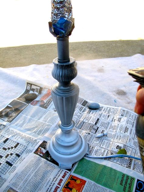 Spray painting the lamp base Spray Paint Lamp Base, Paint Lamp Base, Spray Paint Lamps, Painting Lamps, Old Lamps, Paint Primer, Brass Lamp, Lamp Base, Bonus Room