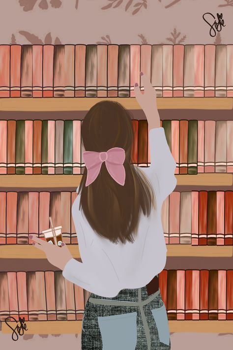 Library Illustration Aesthetic, Library Art Aesthetic, Women In Library, Woman Reading Illustration, Aesthetic Girly Pics, Librarian Art, Library Drawing, Library Wallpaper, Reading Wallpaper