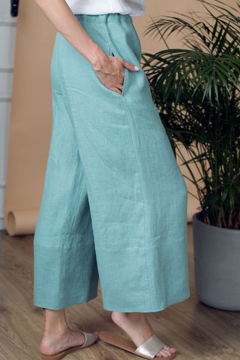 Linen Pants, Linen Culottes, Wide Leg Pants, Flowy Pants, Womens Pants With Pockets CASABLANCA, Linen Pants Plus Size - Etsy Canada Loose Linen Pants, Minimalist Wardrobe Essentials, Linen Culottes, Wide Leg Linen Trousers, Linen Wide Leg Pants, Boho Mode, Mid Waist Pants, Pants Linen, Cotton Linen Pants