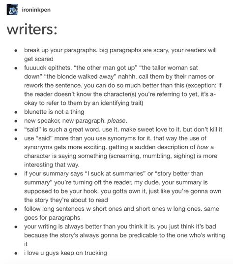 tumblr writing advice How To Be Better At Writing, Writing Summary Tips, Summary Writing Tips, Character Pet Peeves, Dating The Villain, How To Write Surprise, Tumblr Writing Ideas, Writing Ideas Tumblr, Tumblr Writing Advice