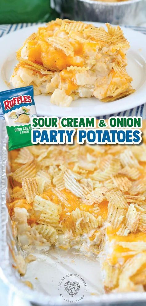 Sour Cream and Onion Party Potatoes will be the biggest side dish hit at the table! Everyone’s favorite Ruffles Sour Cream and Onion chips combined with diced hash browns in a cheesy French onion cream sauce. As a side dish, this tastes great with ribs and burgers at a BBQ or potluck. Party Potatoes are also wonderful alongside baked chicken and veggies! Baked in just one dish with minimal cleanup, this is a great recipe for kids to help with. Save this now! Side Dish For Camping, Gameday Side Dishes, Small Side Dishes, Food Truck Side Dishes, Sour Cream And Onion Potatoes, Sides Dishes With Ribs, Side Dishes For Supper, Good Sides With Burgers, Sour Cream Potato Casserole