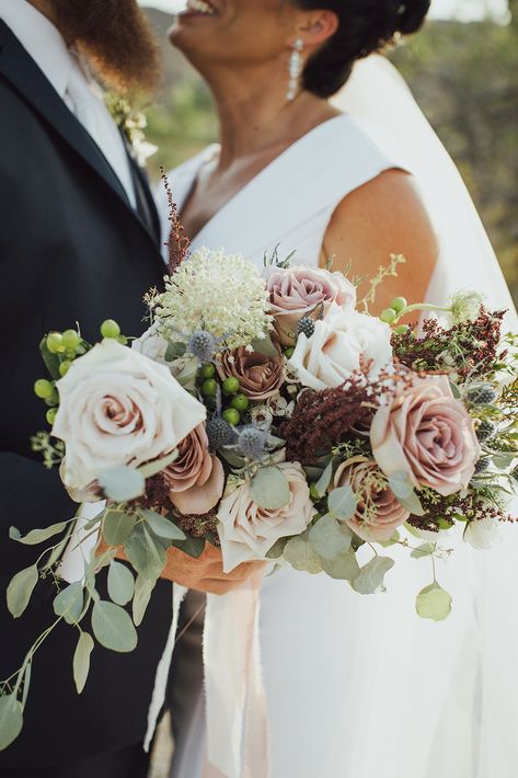 Dusty pink and white desert wedding floral of garden roses, allium, and thistle with greenery in garden style bridal bouquet by Array Design, Phoenix, AZ.  Photographer: @radredcreative  #arraydesignbridalbouquet Wedding Ceremony Garden, Sept Wedding, Organic Wedding Flowers, Succulent Wedding Decor, Flower Moxie, Bridal Bouquet Spring, Az Wedding, Beach Colors, White Desert