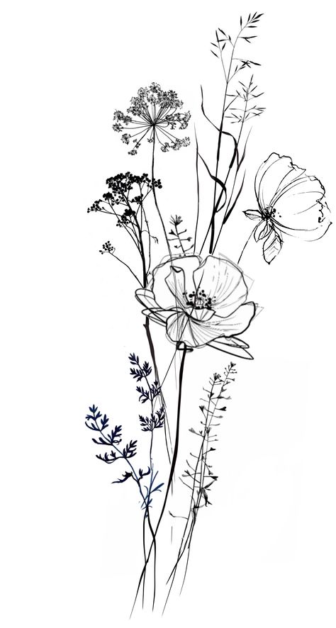 Wildflower Wrap Around Arm Tattoo, Sleeve Tattoos For Women Sketch, Wildflower Tattoo Outline, Messy Patchwork Tattoo, Bootie Tattoos For Women, Botanical Tattoo Black And White, Long Flowers Tattoo, Daphodil Drawing, Wildflower Side Tattoo