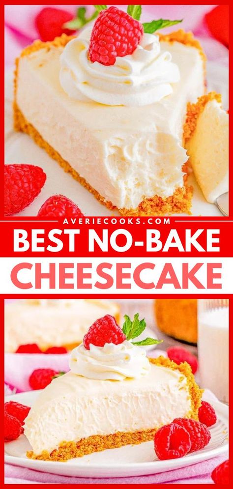 Look no further than the BEST no-bake cheesecake ever! Fridge and pantry ingredients are all you need for this easy dessert idea. From the buttery graham cracker crust to the smooth filling, this no-bake recipe comes out perfect every time! Best No Bake Cheesecake, Homemade Graham Cracker, Caramel Apple Cheesecake Bars, Perfect Cheesecake, Homemade Graham Cracker Crust, Easy No Bake Cheesecake, Homemade Graham Crackers, Averie Cooks, Caramel Apple Cheesecake