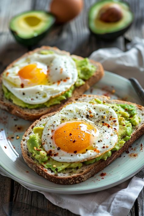 Avocado toast topped with sunny-side-up eggs, sprinkled with pepper, served on a rustic wooden table. Sandwich Recipes For Breakfast, Self Care Breakfast, Good Looking Breakfast, Easy Savory Breakfast Ideas Healthy, Breakfast Baguette Ideas, Light Healthy Breakfast Ideas, Healthy Savory Recipes, Classic American Breakfast, Home Breakfast Aesthetic