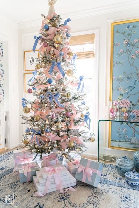 Christmas Tree For Playroom, Pink And Navy Christmas Decor, Nursery Christmas Tree Boy, Navy And Blush Christmas Tree, Grand Millenial Christmas Tree, Love Shack Fancy Christmas Tree, Christmas Tree With Pink Decorations, Pink Blue Christmas Tree, Pink And Blue Christmas Tree