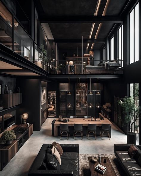 If you know your man, which loft is he picking? 🖤 #interior #interiordesign . We design spaces for clients worldwide, find out more on our website, link in bio! Masculine House Design, Mens Loft Apartment, Industrial Loft Interior Design, Luxury Industrial Interior Design, Dark Apartment Aesthetic, Dark Modern House Interiors, Dark House Interior Design, Black House Interior Design, Masculine House