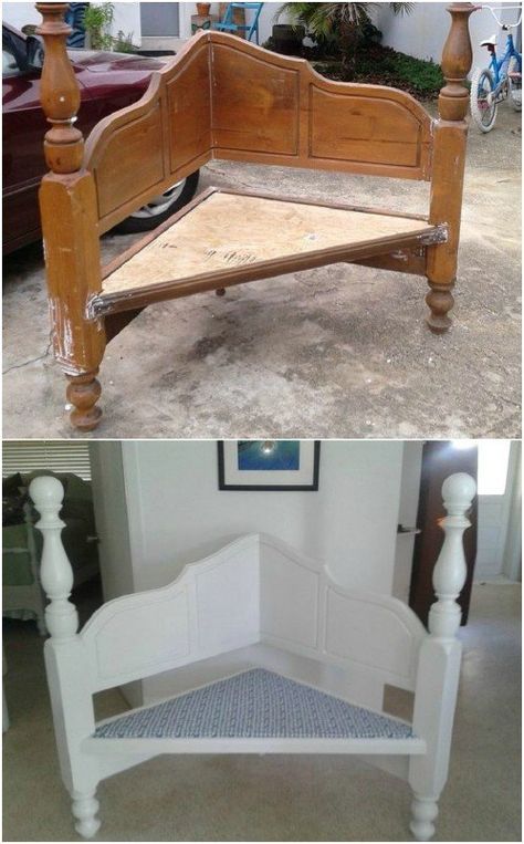 Repurposed Headboard Corner Bench Diy Old Headboard Ideas, Repurpose Bed Frame, Upcycled Headboard Ideas, Repurpose Headboard, Headboard Upcycle, Diy Boho Bedroom Furniture, Repurposed Bed Frames, Old Headboard Ideas Reuse Diy Projects, Repurposed Headboard Ideas Diy