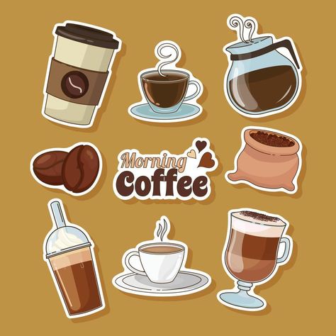 Cute Cartoon Coffee Theme Sticker for Journal Coffee Stickers Printable, Sticker For Journal, Coffee Merch, Coffee Poster Design, Sticker Design Inspiration, Paint Water, Paper Background Design, Coffee Shop Aesthetic, Free Printable Stickers