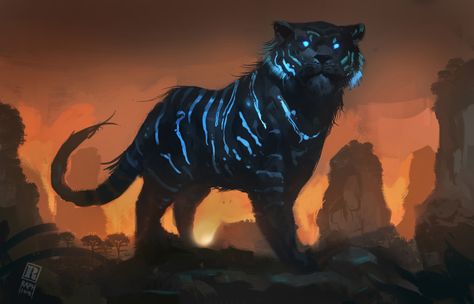 Fantasy Tiger  Big Cat Predator (Animal) Wallpaper Anime Tiger, Pet Anime, Mystical Animals, Tiger Pictures, Black Panthers, Mythical Animal, Blue Tiger, Fantasy Beasts, Tiger Art