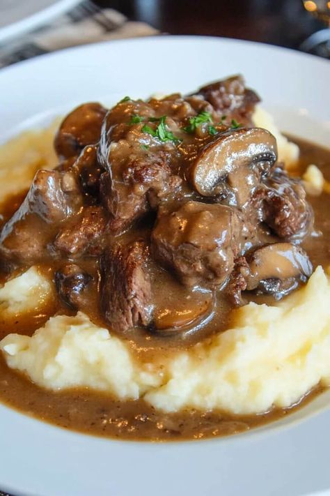 Melt In Your Mouth Beef Tips with Mushroom Gravy 10 Beef Tips Over Mashed Potatoes, Deer Tips And Gravy, Beef Tips And Gravy Stove Top, Beef And Mushroom Recipes, Beef Tips With Mushroom Gravy, Tender Beef Tips, Beef And Mushroom Recipe, Beef Tip Recipes, Stew Beef