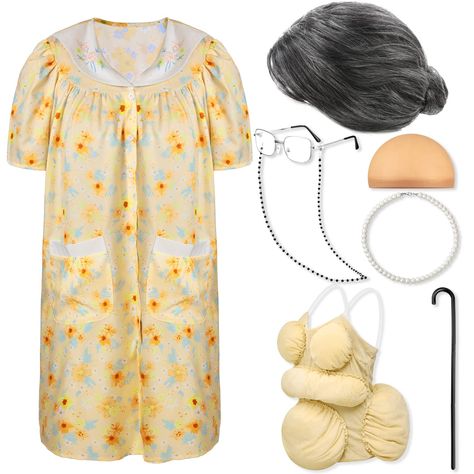 PRICES MAY VARY. Old Lady Dress up Costume Set: you will get 1 piece of women front closure housedress printed with flowers, 1 piece of adult fat suit, 1 granny wig, 1 grandma wig cap, 1 pair of granny glasses, 1 eyeglass chain, 1 granny faux pearl beads necklace and 1 adjustable crutch, 8 pieces of items in total, enough to play the role of an old lady at a party, suitable for cosplay, saving your time and energy in matching Cute Housedress: this old lady costume is made of cotton and polyester Old Lady Party Theme, Grandma Costume For Women, Senior Citizen Costume, Granny Halloween Costume, Old People Costume, Grandma Wig, Granny Party, Granny Wig, Granny Costume