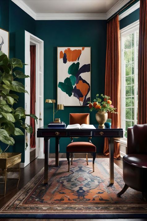 Office Dark Green Walls, Vintage Classy Home Decor, Green And Brown Office Decor, Green Walls Orange Curtains, Burnt Orange Office Decor, Funky Office Ideas, Botanical Office Decor, Moody Maximalist Office, Bold Office Colors