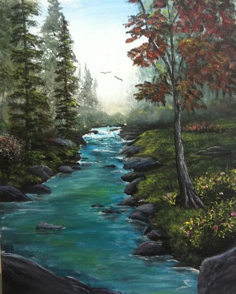 Forest With River Painting, Painting Of River Landscapes, River And Trees Painting, River Stream Drawing, Creek Painting Easy, Flowing River Painting, River Water Painting, River Canvas Painting, Forest River Drawing