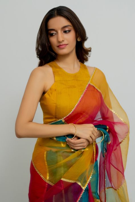 Blouse Design For Organza Silk Saree, Rainbow Saree, Srilankan Bride, Isha Borah, Multicolor Saree, Traditional Blouse Designs, Gotta Work, Fashionable Saree Blouse Designs, Fancy Sarees Party Wear