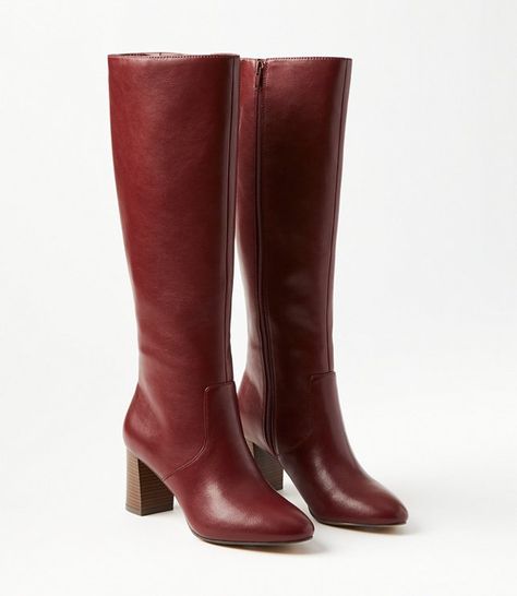 Burgundy Tall Boots, Knee High Fall Boots, Narrow Calf Boots Woman Slim Calves, Red Boots Fall, Burgundy Leather Boots, Dark Red Boots Outfit, Outfit With Red Boots, Maroon Boots Outfit, Womens Boots For Fall