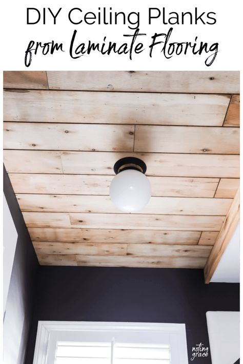 When we made over our Boys Bathroom, we needed to hide a bad ceiling repair, but our budget was low. Here's how we made DIY Ceiling Planks from Laminate Flooring. Ugly Bathroom, Diy Floors, Ceiling Repair, Ceiling Planks, Ceiling Remodel, Wood Plank Ceiling, Installing Laminate Flooring, Cabin Bathroom, Bathroom Makeovers