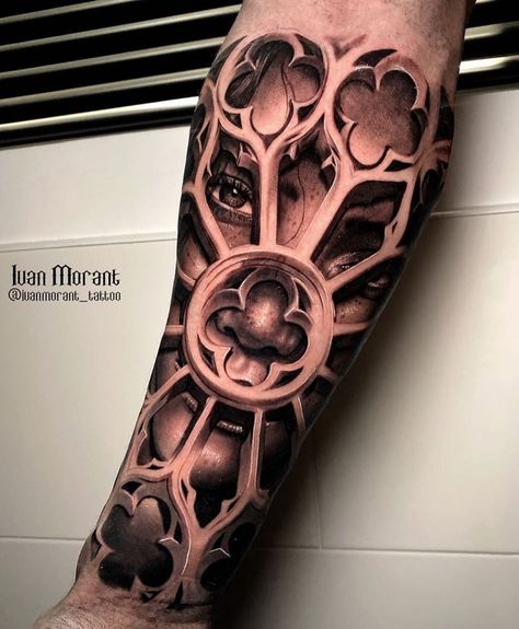 Gothic Windows Tattoo, Church Tattoo, Window Tattoo, Biblical Tattoos, African Tattoo, The Best Tattoos, Ancient Tattoo, Realistic Tattoo Sleeve, Blackout Tattoo