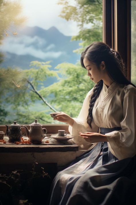 Asian woman brewing tea beside a gentle stream, a picturesque scene combining the tranquility of water with the art of tea brewing. Drinking Tea Pose Reference, Asian Tea, Sipping Tea, Tea Culture, Tea Drinkers, Tea Art, Chinese Tea, Reference Poses, Brewing Tea