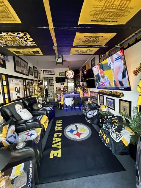 DIY Garage Bars, Man Caves & More | Single Car Garage turned into Steeler Man Cave | Facebook Garage Turned Into Man Cave, Steelers Man Cave Ideas, Single Car Garage Ideas, Garage Makeover Man Cave, Garage Ideas Man Cave, Man Cave Ideas Garage, Garage Bars, Man Cave Garage Workshop, Room Decor Men