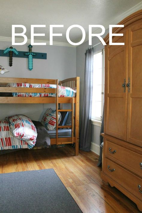 Painted Bunk Beds and Armoire in My Boy's Room - The Wicker House Boys Room With Bunk Beds, Bunk Bed Boys Room, Painted Bunk Beds, Boys Bedroom Bunk Beds, Boys Room Bunk Beds, Bunk Bed Decor, Bunk Beds For Girls Room, School Bedroom, Bunk Beds For Boys Room