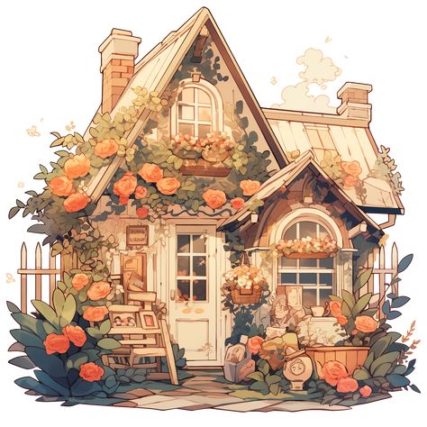 Cozy Cottage with Flowers in Rustic and Cottagecore Style Sticker Rustic Cottage Core Aesthetic, Cartoon Cottagecore Aesthetic, Small House Cottagecore, Cute Cozy Illustration, Town Art Illustration, Cottagecore Aesthetic Illustration, Witch Cottage Illustration, Harvest Illustration Drawings, Cozy Aesthetic Illustration