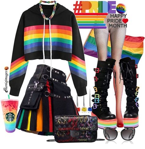 Pride Punk Outfit | ShopLook Rainbow Goth Outfit, Pansexual Outfit Ideas, Colorful Punk Fashion, Pride Month Outfit Ideas, Pride Festival Outfit Ideas, General Clothes, Lgbtq Outfit, Colorful Punk, Punk Outfit