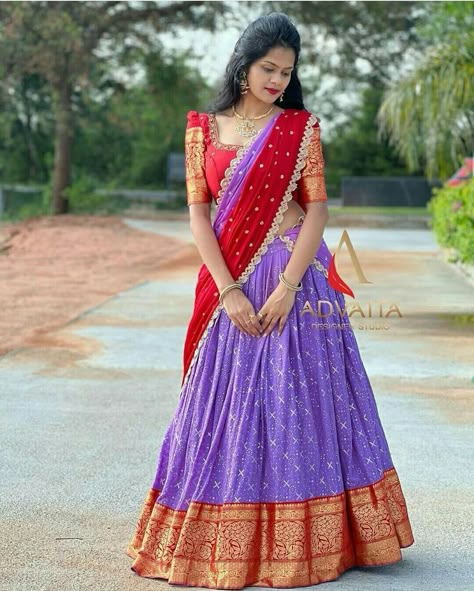 Half Saree Designs South Indian, Langa Voni Half Saree, Pink Half Sarees, Churidar Neck, Sarees Pattu, Langa Voni, Simple Frock Design, Lehenga Saree Design, Long Frock Designs