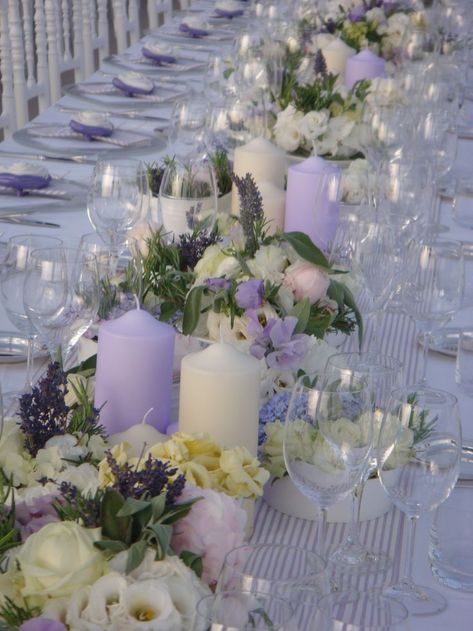 Wedding Centerpiece Candles, Sweetheart Table Garland, Lilac Wedding Themes, Centerpiece Candles, Light Purple Wedding, Tangled Wedding, Lavender Wedding Theme, Purple And Green Wedding, Table Garland