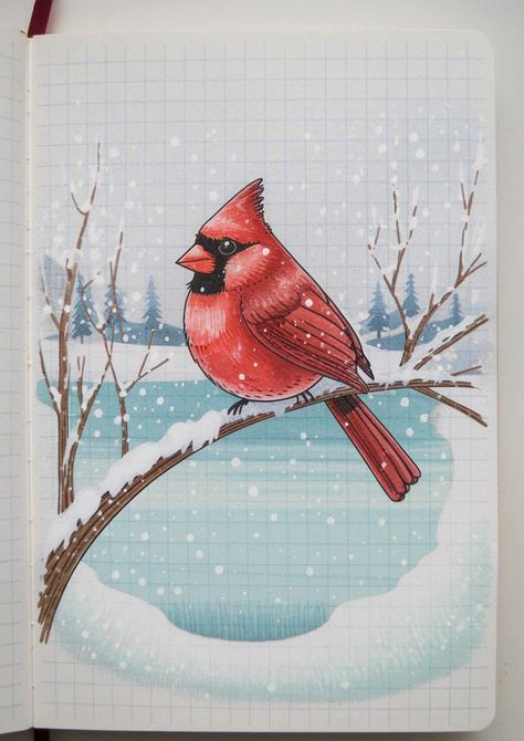 How To Draw A Cardinal, Simple Winter Drawings, Cardinal Sketch, Winter Tree Drawing, Draw A Cardinal, Free Winter Coloring Pages, Cozy Drawing, Cardinal Drawing, Winter Drawing Ideas