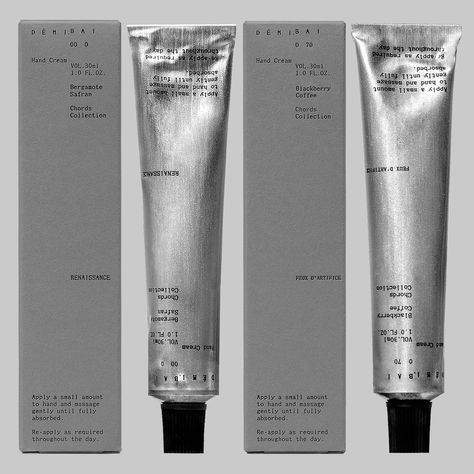 Han Gao’s design for Démi Bai uses cold metallics, tiny type and a systematic grid, to embrace the product’s natural transformation through use. Hand Cream Packaging, Layout Editorial, Brand Identity Package, Raw Color, Identity Package, Its Nice That, Design Language, New Energy, Graphic Design Branding