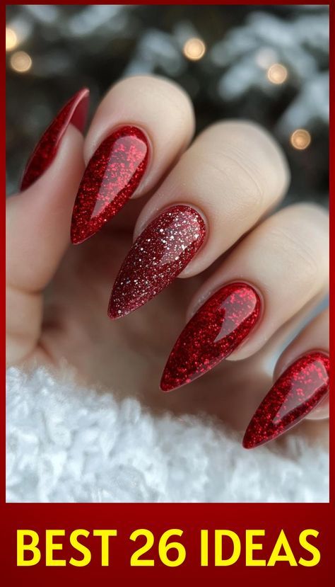 Red Christmas Nail Designs, Elegant Christmas Nail Designs, Red Christmas Nail, Festive Holiday Nails, Christmas Nail Colors, Red Ombre Nails, Red And White Nails, Red Nails Glitter, Christmas Nail Ideas