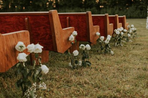 Modern Vintage Outdoor Wedding Ceremony | church pews + white roses #weddingideas #weddingflowers #wedding #ceremony #ceremonydecor #weddingceremony #outdoorwedding Church Pew Wedding Decorations, Church Pew Wedding, Wedding Ceremony Church, Vintage Outdoor Wedding, Vintage Outdoor Weddings, Pew Decorations, Wedding Pews, Church Pews, Whimsical Wedding Decorations