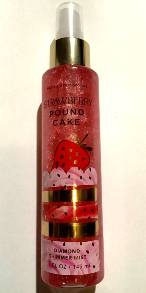 Bath And Bodyworks Strawberry Pound Cake, Body Bath Works, Bath And Body Works Glitter Spray, Strawberry Body Spray, Strawberry Smelling Products, Pound Cake Bath And Body Works, Strawberry Body Products, Bath And Body Works Strawberry Pound, Strawberry Pound Cake Bath And Bodyworks